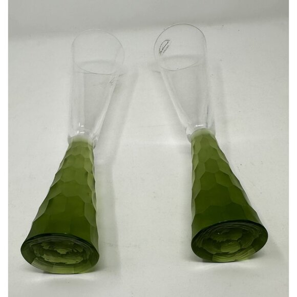 ARTLAND PRESCOTT Crystal Champagne Flutes Handblown Honeycomb GREEN Set of 2 - Picture 8 of 11